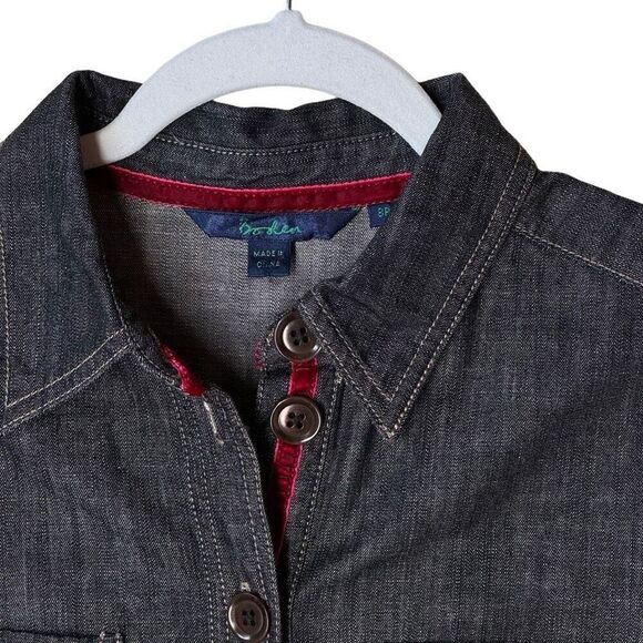 Boden Denim Shirt Dress in Black Wash Red Velvet Trim Half Button Front 8R - Picture 3 of 13